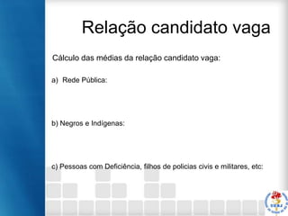 Relação candidato vaga
Cálculo das médias da relação candidato vaga:
a) Rede Pública:

b) Negros e Indígenas:

c) Pessoas com Deficiência, filhos de policias civis e militares, etc:

 