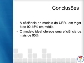 Conclusões
- A eficiência do modelo da UERJ em vigor
é de 92,45% em média.
- O modelo ideal oferece uma eficiência de
mais de 95%

 
