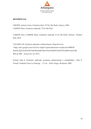 REFERÊNCIAS
CRESPO, Antonio Arnot. Estatística fácil. 18ª Ed. São Paulo: Saraiva, 2002;
LARSON, Rion. Estatística Aplicada. 2ª Ed. São Paul
LARSON, Ron.; FARBER, Betsy. Estatística Aplicada. 4ª ed. São Paulo: Pearson - Prentice
Hall, 2010.
TAVARES, M. Estatística aplicada à Administração. Disponível em:
<https://docs.google.com/viewer?a=v&pid=explorer&chrome=true&srcid=0B0EM
RzdACiXpY2E4OTc0YTktNWZmMC00ZTNmLWJjMTUtNWVhYmM0YTkwZTdk
&hl=pt_BR>. Acesso em: set. 2013.
Freund, John E. Estatística Aplicada: economia, administração e contabilidade / John E.
Freund: Tradução Claus Ivo Doering. – 11ª ed. – Porto Alegre: Bookman, 2006.

12

 