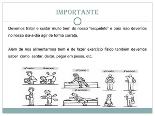 Importante

Devemos tratar e cuidar muito bem do nosso “esqueleto” e para isso devemos
no nosso dia-a-dia agir de forma correta.


Além de nos alimentarmos bem e de fazer exercício físico também devemos
saber como sentar, deitar, pegar em pesos, etc.
 