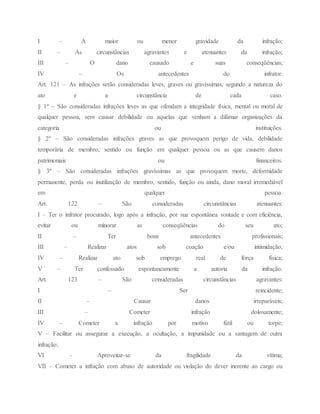 I – A maior ou menor gravidade da infração;
II – As circunstâncias agravantes e atenuantes da infração;
III – O dano causado e suas conseqüências;
IV – Os antecedentes do infrator.
Art. 121 – As infrações serão consideradas leves, graves ou gravíssimas, segundo a natureza do
ato e a circunstância de cada caso.
§ 1º – São consideradas infrações leves as que ofendam a integridade física, mental ou moral de
qualquer pessoa, sem causar debilidade ou aquelas que venham a difamar organizações da
categoria ou instituições.
§ 2º – São consideradas infrações graves as que provoquem perigo de vida, debilidade
temporária de membro, sentido ou função em qualquer pessoa ou as que causem danos
patrimoniais ou financeiros.
§ 3º – São consideradas infrações gravíssimas as que provoquem morte, deformidade
permanente, perda ou inutilização de membro, sentido, função ou ainda, dano moral irremediável
em qualquer pessoa.
Art. 122 – São consideradas circunstâncias atenuantes:
I – Ter o infrator procurado, logo após a infração, por sua espontânea vontade e com eficiência,
evitar ou minorar as conseqüências do seu ato;
II – Ter bons antecedentes profissionais;
III – Realizar atos sob coação e/ou intimidação;
IV – Realizar ato sob emprego real de força física;
V – Ter confessado espontaneamente a autoria da infração.
Art. 123 – São consideradas circunstâncias agravantes:
I – Ser reincidente;
II – Causar danos irreparáveis;
III – Cometer infração dolosamente;
IV – Cometer a infração por motivo fútil ou torpe;
V – Facilitar ou assegurar a execução, a ocultação, a impunidade ou a vantagem de outra
infração;
VI – Aproveitar-se da fragilidade da vítima;
VII – Cometer a infração com abuso de autoridade ou violação do dever inerente ao cargo ou
 