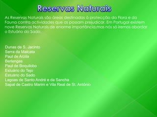 As Reservas Naturais são áreas destinadas à protecção da Flora e da
Fauna contra actividades que as possam prejudicar. Em Portugal existem
nove Reservas Naturais de enorme importância,mas nós só iremos abordar
o Estuário do Sado.

Dunas de S. Jacinto
Serra da Malcata
Paul de Arzila
Berlengas
Paul de Boquilobo
Estuário do Tejo
Estuário do Sado
Lagoas de Santo André e da Sancha
Sapal de Castro Marim e Vila Real de St. António

 
