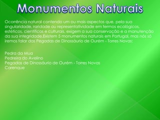Ocorrência natural contendo um ou mais aspectos que, pela sua
singularidade, raridade ou representatividade em termos ecológicos,
estéticos, científicos e culturais, exigem a sua conservação e a manutenção
da sua integridade.Existem 5 monumentos naturais em Portugal, mas nós só
iremos falar das Pegadas de Dinossáurio de Ourém - Torres Novas:
Pedra da Mua
Pedreira do Avelino
Pegadas de Dinossáurio de Ourém - Torres Novas
Carenque

 