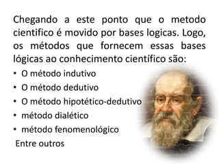 Chegando a este ponto que o metodo 
cientifico é movido por bases logicas. Logo, 
os métodos que fornecem essas bases 
lógicas ao conhecimento científico são: 
• O método indutivo 
• O método dedutivo 
• O método hipotético-dedutivo 
• método dialético 
• método fenomenológico 
Entre outros 
 