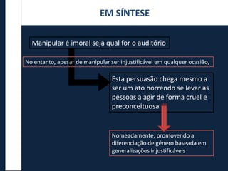 Nomeadamente, promovendo a
diferenciação de género baseada em
generalizações injustificáveis
EM SÍNTESE
Manipular é imoral seja qual for o auditório
No entanto, apesar de manipular ser injustificável em qualquer ocasião,
Esta persuasão chega mesmo a
ser um ato horrendo se levar as
pessoas a agir de forma cruel e
preconceituosa
 
