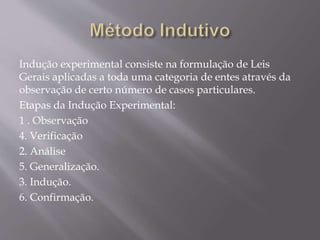 Indução experimental consiste na formulação de Leis
Gerais aplicadas a toda uma categoria de entes através da
observação de certo número de casos particulares.
Etapas da Indução Experimental:
1 . Observação
4. Verificação
2. Análise
5. Generalização.
3. Indução.
6. Confirmação.
 