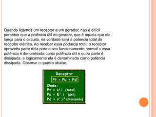 Quando ligamos um receptor a um gerador, não é difícil perceber que a potência útil do gerador, que é aquela que ele lança para o circuito, na verdade será a potencia total do receptor elétrico. Ao receber essa potência total, o receptor aproveita parte dela para o seu funcionamento normal e essa potência é denominada como potência útil e outra parte é dissipada, e logicamente ela é denominada como potência dissipada. Observe o quadro abaixo.