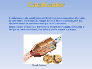 Os catalisadores são substâncias que intervêm no sistema reaccional, alterando, de igual modo, a velocidade da reacção directa e da reacção inversa, sem que afectem o estado de equilíbrio e sem que sejam consumidos.Estes aceleram uma reacção, diminuindo a energia de activacção, diminuindo a energia do complexo activado, sem ser consumido, durante o processo.CatalisadorFigura 2 Catalisador