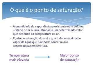 A quantidade de vapor de água existente num volume
unitário de ar nunca ultrapassa um determinado valor
que depende da temperatura do ar.
Ponto de saturação do ar é a quantidade máxima de
vapor de água que o ar pode conter a uma
determinada temperatura.
O que é o ponto de saturação?
Maior ponto
de saturação
Temperatura
mais elevada
 