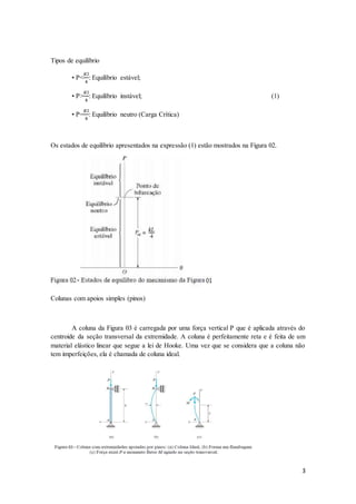 3
Tipos de equilíbrio
• P<
𝐾𝑙
4
: Equilíbrio estável;
• P>
𝐾𝑙
4
: Equilíbrio instável; (1)
• P=
𝐾𝑙
4
: Equilíbrio neutro (Carga Crítica)
Os estados de equilíbrio apresentados na expressão (1) estão mostrados na Figura 02.
Colunas com apoios simples (pinos)
A coluna da Figura 03 é carregada por uma força vertical P que é aplicada através do
centroide da seção transversal da extremidade. A coluna é perfeitamente reta e é feita de um
material elástico linear que segue a lei de Hooke. Uma vez que se considera que a coluna não
tem imperfeições, ela é chamada de coluna ideal.
 