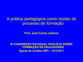 A prática pedagógica como núcleo do
         processo de formação

         Prof. José Carlos Libâneo


 XI CONGRESSO ESTADUAL PAULISTA SOBRE
         FORMAÇÃO DE EDUCADORES
       Águas de Lindóia (SP) – 16.8.2011
 