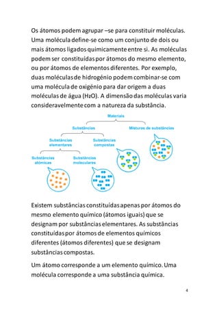 4
Os átomos podem agrupar –se para constituir moléculas.
Uma moléculadefine-se como um conjunto de dois ou
mais átomos ligadosquimicamenteentre si. As moléculas
podem ser constituídaspor átomos do mesmo elemento,
ou por átomos de elementosdiferentes. Por exemplo,
duas moléculasde hidrogénio podem combinar-se com
uma moléculade oxigénio para dar origem a duas
moléculasde água (H2O). A dimensãodas moléculas varia
consideravelmentecom a natureza da substância.
Existem substânciasconstituídasapenaspor átomos do
mesmo elemento químico (átomos iguais) que se
designam por substânciaselementares. As substâncias
constituídaspor átomosde elementos químicos
diferentes (átomos diferentes) que se designam
substânciascompostas.
Um átomo corresponde a um elemento químico.Uma
molécula corresponde a uma substância química.
 