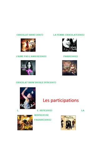 ChoCoLat show (2007)           La FeMMe ChoCoLat(2005)




J'aiMe pas L'aMour(2003)              paris(2002)




ChoCoLat show doubLe dvd(2007)




                     Les participations
L               e deFi(2002)                        La
              MoNtrueuse
              parade(2005)
 