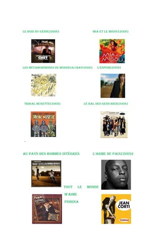 Le bois du GéNie(2008)                      Mia et Le MiGou(2008)




Les MétaMorphoses de MoNsieur Chat(2006)      L’espoir(2008)




tribaL Musette(2008)                   Le baL des GeNs bieN(2008)




~

au pays des hoMMes iNtèGres                 L’arMe de paiX(2009)




                         tout     Le    MoNde
                         M’aiMe
                         FioriNa
 