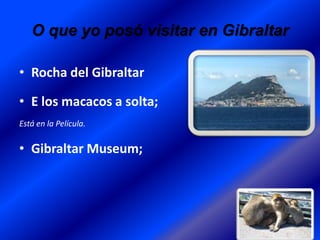 O que yo posó visitar en Gibraltar
• Rocha del Gibraltar
• E los macacos a solta;
Está en la Película.

• Gibraltar Museum;

 