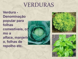 VerdurasVerdura - Denominação popular para folhas comestíveis, como a alface, manjericão, folhas de repolho etc.
