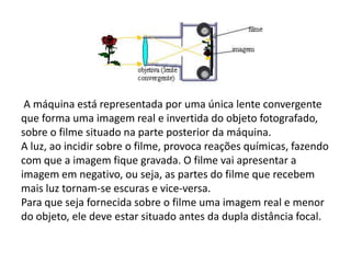 A máquina está representada por uma única lente convergente
que forma uma imagem real e invertida do objeto fotografado,
sobre o filme situado na parte posterior da máquina.
A luz, ao incidir sobre o filme, provoca reações químicas, fazendo
com que a imagem fique gravada. O filme vai apresentar a
imagem em negativo, ou seja, as partes do filme que recebem
mais luz tornam-se escuras e vice-versa.
Para que seja fornecida sobre o filme uma imagem real e menor
do objeto, ele deve estar situado antes da dupla distância focal.
 