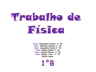 Trabalho de
Física
Nome: Alessandra Cristina N° 02
Nome: Gabrielle Santana N° 18
Nome: Jacqueline Santos N° 22
Nome: Maiara Nunes N° 26
Nome: Abraão Oliveira N° 01
Nome: Willian Lima N° 37
Rafael Lemes
1°B
 