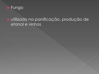    Fungo

   utilizado na panificação, produção de
    etanol e vinhos
 