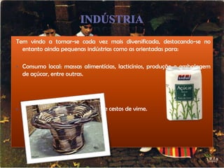 Tem vindo a tornar-se cada vez mais diversificada, destacando-se no
  entanto ainda pequenas indústrias como as orientadas para:

   Consumo local: massas alimentícias, lacticínios, produção e embalagem
    de açúcar, entre outras.




   Artesanal: Tapeçaria, bordados e cestos de vime.




                                                   Geografia A   20-11-2012   16
 