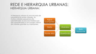 REDE E HIERARQUIA URBANAS:
HIERARQUIA URBANA:
A hierarquia urbana é uma escada de
subordinação entre cidades. As
muitas cidades pequenas são
subordinadas as poucas medias que
são subordinadas a um numero menor
de cidades grandes ou metrópoles.
Belo
Horizonte
Uberaba
Agua
Comprida
Delta
Ponte Alta Uberlândia
 
