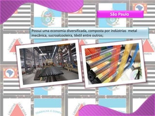 São Paulo 
Possui uma economia diversificada, composta por indústrias metal 
mecânica, sucroalcooleira, têxtil entre outros; 
 