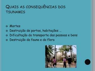 QUAIS AS CONSEQUÊNCIAS DOS
TSUNAMIS
 Mortes
 Destruição de portos, habitações …
 Dificultação do transporte das pessoas e bens
 Destruição da fauna e da flora
 