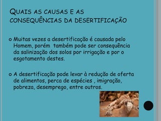 QUAIS AS CAUSAS E AS
CONSEQUÊNCIAS DA DESERTIFICAÇÃO
 Muitas vezes a desertificação é causada pelo
Homem, porém também pode ser consequência
da salinização dos solos por irrigação e por o
esgotamento destes.
 A desertificação pode levar à redução de oferta
de alimentos, perca de espécies , imigração,
pobreza, desemprego, entre outros.
 