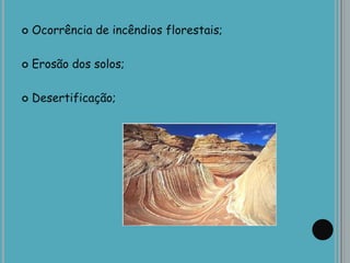  Ocorrência de incêndios florestais;
 Erosão dos solos;
 Desertificação;
 