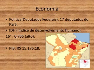 Economia
• Política(Deputados Federais): 17 deputados do
Pará.
• IDH ( Indice de desenvolvimento humano),
16° : 0,755 (alto).
• PIB: R$ 15.176,18.
 