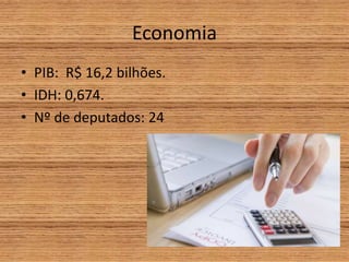 Economia
• PIB: R$ 16,2 bilhões.
• IDH: 0,674.
• Nº de deputados: 24
 
