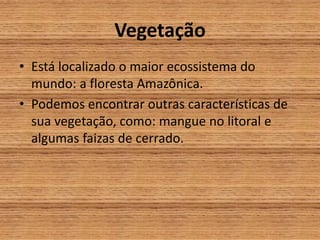 Vegetação
• Está localizado o maior ecossistema do
mundo: a floresta Amazônica.
• Podemos encontrar outras características de
sua vegetação, como: mangue no litoral e
algumas faizas de cerrado.
 
