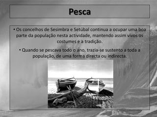  Quando se pescava todo o ano, trazia-se sustento a toda a população, de uma forma directa ou indirecta.Aquicultura• A aquicultura é a produção de organismos aquáticos (como a criação de peixes, moluscos, crustáceos, anfíbios) e o cultivo de plantas aquáticas para uso do homem.• A proporção do pescado cultivado em viveiros para o total da produção mundial está na ordem dos 10%, com tendência a aumentar.
