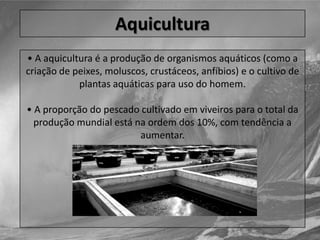 Aquicultura (Vantagens e Benefícios)• Um hectare cultivado com peixes produz mais do que com qualquer outro animal.• Vantagens sociais às populações de inúmeros países onde o pescado marinho não pode chegar em boas condições sanitárias e a preços razoáveis.