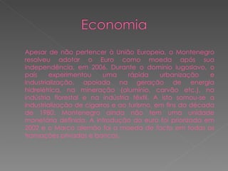 Apesar de não pertencer à União Europeia, o Montenegro resolveu adotar o Euro como moeda após sua independência, em 2006. Durante o domínio iugoslavo, o país experimentou uma rápida urbanização e industrialização, apoiada na geração de energia hidrelétrica, na mineração (alumínio, carvão etc.), na indústria florestal e na indústria têxtil. A isto somou-se a industrialização de cigarros e ao turismo, em fins da década de 1980. Montenegro ainda não tem uma unidade monetária definida. A introdução do euro foi priorizada em 2002 e o Marco alemão foi a moeda  de facto  em todas as transações privadas e bancos.   
