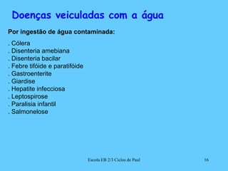 Doenças veiculadas com a águaPor ingestão de água contaminada:. Cólera. Disenteria amebiana. Disenteria bacilar. Febre tifóide e paratifóide. Gastroenterite. Giardise. Hepatite infecciosa. Leptospirose. Paralisia infantil. Salmonelose16Escola EB 2/3 Ciclos de Paul