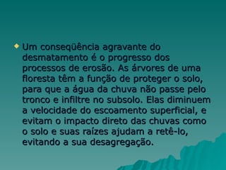 Um conseqüência agravante do desmatamento é o progresso dos processos de erosão. As árvores de uma floresta têm a função de proteger o solo, para que a água da chuva não passe pelo tronco e infiltre no subsolo. Elas diminuem a velocidade do escoamento superficial, e evitam o impacto direto das chuvas como o solo e suas raízes ajudam a retê-lo, evitando a sua desagregação.  