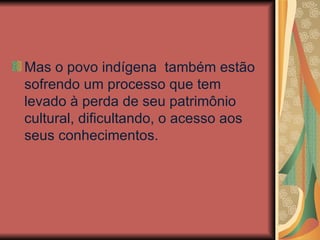 Mas o povo indígena  também estão sofrendo um processo que tem levado à perda de seu patrimônio cultural, dificultando, o acesso aos seus conhecimentos. 