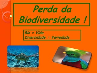 Perda da
Biodiversidade !
 Bio = Vida
 Diversidade = Variedade
 
