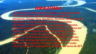 AMAZÔNIA
A Amazônia é o maior bioma brasileiro, ocupando mais de
40% do território nacional. Abrange os estados do
Amazonas, Amapá, Pará, Rondônia, Roraima, Acre, oeste do
Maranhão e norte do Mato Grosso. Cobre também
territórios em países próximos, como Guiana, Suriname,
Venezuela, Equador, Bolívia e Peru. O bioma se destaca por
possuir a maior floresta equatorial do mundo, a maior
biodiversidade, além da maior bacia hidrográfica. Nela
podem ser encontrados milhares de espécies de animais,
vegetais e micro-organismos. O clima é equatorial úmido,
pois se localiza próximo a linha do Equador, com muita
chuva e calor, com temperaturas variando em torno de 30°C.
 
