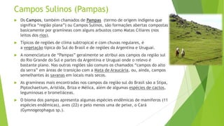 Campos Sulinos (Pampas)


Os Campos, também chamados de Pampas (termo de origem indígena que
significa “região plana”) ou Campos Sulinos, são formações abertas compostas
basicamente por gramíneas com alguns arbustos como Matas Ciliares (nos
leitos dos rios).



Típicos de regiões de clima subtropical e com chuvas regulares, é
a vegetação típica do Sul do Brasil e de regiões da Argentina e Uruguai.



A nomenclatura de “Pampas” geralmente se atribui aos campos da região sul
do Rio Grande do Sul e partes da Argentina e Uruguai onde o relevo é
bastante plano. Nas outras regiões são comuns os chamados “campos do alto
da serra” em áreas de transição com a Mata de Araucária, ou, ainda, campos
semelhantes às savanas em locais mais secos.



As gramíneas mais encontradas nos campos da região sul do Brasil são a Stipa,
Piptochaetium, Aristida, Briza e Mélica, além de algumas espécies de cactos,
leguminosas e bromeliáceas.



O bioma dos pampas apresenta algumas espécies endêmicas de mamíferos (11
espécies endêmicas), aves (22) e pelo menos uma de peixe, o Cará
(Gymnogeophagus sp.).

 
