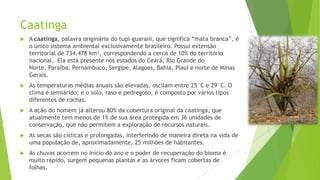 Caatinga


A caatinga, palavra originária do tupi-guarani, que significa “mata branca”, é
o único sistema ambiental exclusivamente brasileiro. Possui extensão
territorial de 734.478 km², correspondendo a cerca de 10% do território
nacional. Ela está presente nos estados do Ceará, Rio Grande do
Norte, Paraíba, Pernambuco, Sergipe, Alagoas, Bahia, Piauí e norte de Minas
Gerais.



As temperaturas médias anuais são elevadas, oscilam entre 25°C e 29°C. O
clima é semiárido; e o solo, raso e pedregoso, é composto por vários tipos
diferentes de rochas.



A ação do homem já alterou 80% da cobertura original da caatinga, que
atualmente tem menos de 1% de sua área protegida em 36 unidades de
conservação, que não permitem a exploração de recursos naturais.



As secas são cíclicas e prolongadas, interferindo de maneira direta na vida de
uma população de, aproximadamente, 25 milhões de habitantes.



As chuvas ocorrem no início do ano e o poder de recuperação do bioma é
muito rápido, surgem pequenas plantas e as árvores ficam cobertas de
folhas.

 