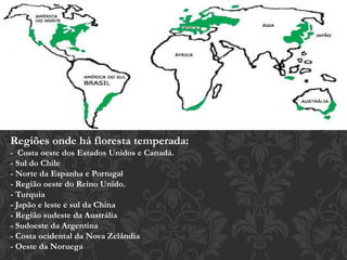 Regiões onde há floresta temperada: 
- Costa oeste dos Estados Unidos e Canadá. 
- Sul do Chile 
- Norte da Espanha e Portugal 
- Região oeste do Reino Unido. 
- Turquia 
- Japão e leste e sul da China 
- Região sudeste da Austrália 
- Sudoeste da Argentina 
- Costa ocidental da Nova Zelândia 
- Oeste da Noruega 
 