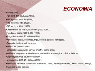 ECONOMIA 
●Moeda: zloty. 
●PIB: US$ 158,6 bilhões (1998). 
●PIB agropecuária: 5% (1998). 
●PIB indústria: 32% (1998). 
●PIB serviços: 63% (1998). 
●Crescimento do PIB: 4,6% ao ano (1990-1998). 
●Renda per capita: US$ 3.910 (1998). 
●Força de trabalho: 20 milhões (1998). 
●Agricultura: batata, beterraba, trigo, centeio, cevada, framboesa. 
●Pecuária: bovinos, suínos, aves. 
●Pesca: 390,6 mil t (1997). 
●Mineração: gás natural, carvão, enxofre, cobre, prata. 
●Indústria: máquinas, automobilística, alimentícia, metalúrgica, química, bebidas. 
●Exportações: US$ 28,2 bilhões (1998). 
●Importações: US$ 47,1 bilhões (1998). 
●Principais parceiros comerciais: Alemanha, Itália, Federação Russa, Reino Unido, França, 
Holanda (Países Baixos). 
 