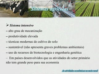 Sistema intensivo
– alto grau de mecanização
– produtividade elevada
– técnicas modernas de cultivo do solo
– sustentável (não apresenta graves problemas ambientais)
– uso de recursos de biotecnologia e engenharia genética
– Em países desenvolvidos que as atividades do setor primário
não tem grande peso para sua economia
As atividades econômicas no meio rural
Sistemas agrícolas
 