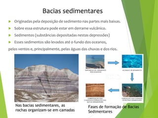 Bacias sedimentares
 Originadas pela deposição de sedimento nas partes mais baixas.
 Sobre essa estrutura pode estar em derrame vulcânico.
 Sedimentos (substâncias depositadas nestas depressões)
 Esses sedimentos são levados até o fundo dos oceanos,
pelos ventos e, principalmente, pelas águas das chuvas e dos rios.
Nas bacias sedimentares, as
rochas organizam-se em camadas
Fases de formação de Bacias
Sedimentares
 