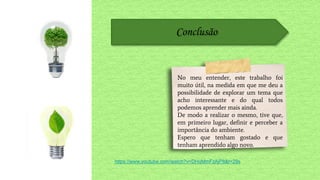 Conclusão
No meu entender, este trabalho foi
muito útil, na medida em que me deu a
possibilidade de explorar um tema que
acho interessante e do qual todos
podemos aprender mais ainda.
De modo a realizar o mesmo, tive que,
em primeiro lugar, definir e perceber a
importância do ambiente.
Espero que tenham gostado e que
tenham aprendido algo novo.
https://www.youtube.com/watch?v=DHqMmFzAjP8&t=29s
 