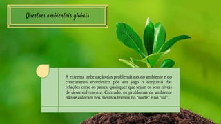 Questões ambientais globais
A extrema imbricação das problemáticas do ambiente e do
crescimento económico põe em jogo o conjunto das
relações entre os países, quaisquer que sejam os seus níveis
de desenvolvimento. Contudo, os problemas de ambiente
não se colocam nos mesmos termos no “norte” e no “sul”.
 