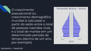 O crescimento
populacional ou
crescimento demográfico
mundial é calculado a
partir do saldo entre o total
de pessoas nascidas vivas
e o total de mortes em um
determinado período de
tempo (dentro de um ano,
por exemplo).
GEOGRAFIA - 1° BIMESTRE
 