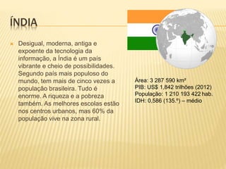 ÍNDIA 
 Desigual, moderna, antiga e 
expoente da tecnologia da 
informação, a Índia é um país 
vibrante e cheio de possibilidades. 
Segundo país mais populoso do 
mundo, tem mais de cinco vezes a 
população brasileira. Tudo é 
enorme. A riqueza e a pobreza 
também. As melhores escolas estão 
nos centros urbanos, mas 60% da 
população vive na zona rural. 
Área: 3 287 590 km² 
PIB: US$ 1,842 trilhões (2012) 
População: 1 210 193 422 hab. 
IDH: 0,586 (135.º) – médio 
 